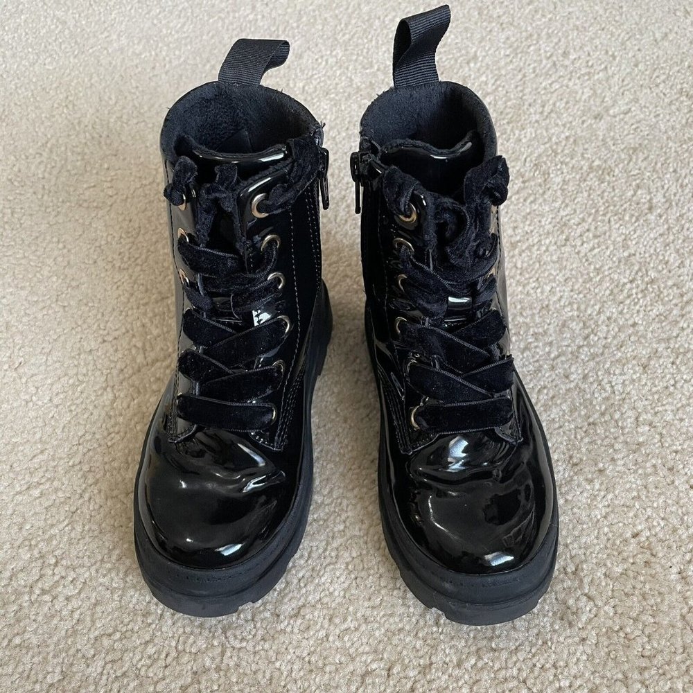 H&M Combat Boots Girls Black Patent Leather Size 11.5